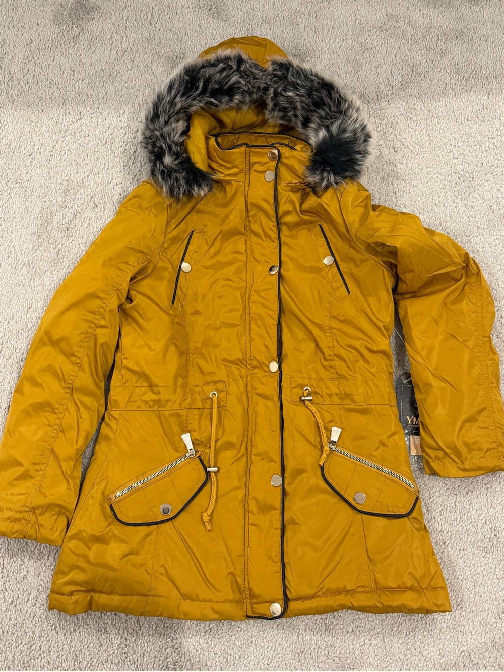 YMI Mustard Yellow Women's Hooded Winter Coat with Faux Fur Trim